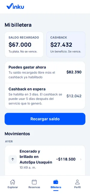 El botón para recargar saldo y los movimientos de la billetera de Vinku.