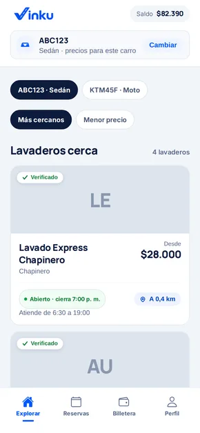 La app de Vinku para clientes mostrando lavaderos cercanos con el precio para tu vehículo.