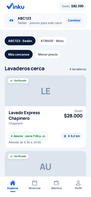 Un lavadero verificado en Vinku con su precio para tu vehículo y su horario.