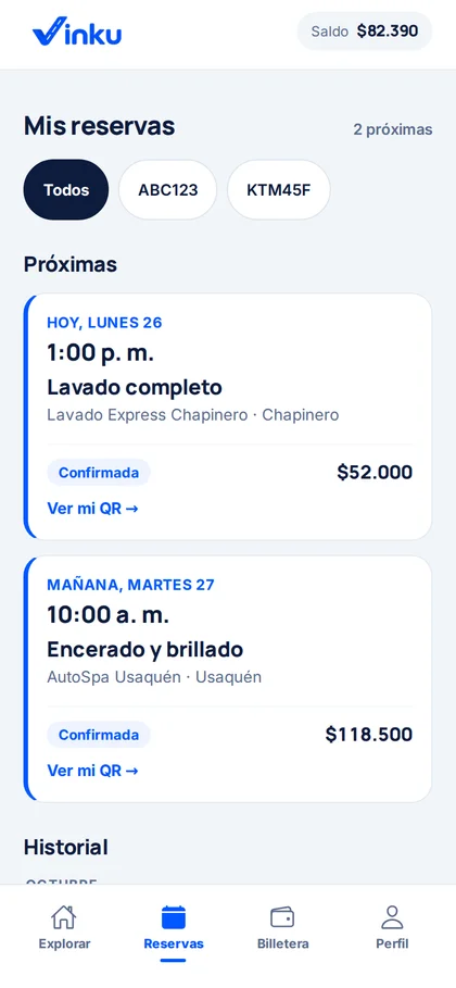 Una reserva confirmada en Vinku: lavado completo hoy a la 1:00 p. m. en un lavadero de Chapinero.