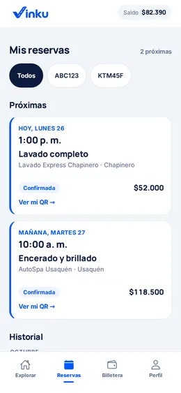 Mis reservas en Vinku: próximas citas confirmadas y el historial de lavados.