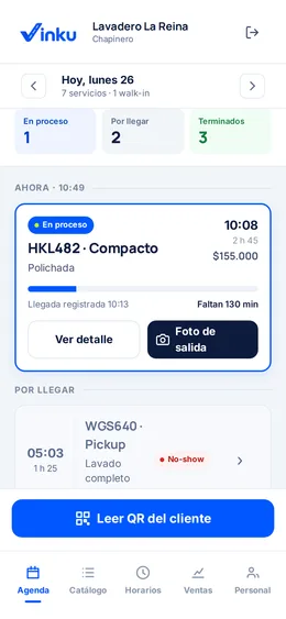 La agenda del día del lavadero con el botón para leer el QR del cliente.