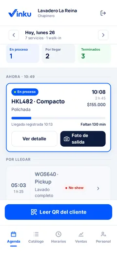 La agenda del día de un lavadero aliado en Vinku: servicios en proceso, por llegar y terminados.