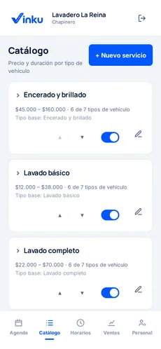 El catálogo del lavadero en Vinku: precio y duración por tipo de vehículo.