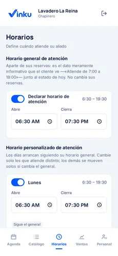 Los horarios de atención del lavadero configurados en Vinku.